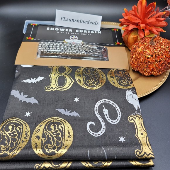 Halloween Shower Curtain Boo Metallic Foil Bat Skull Raven Web Snake Gothic Bath - Picture 1 of 5